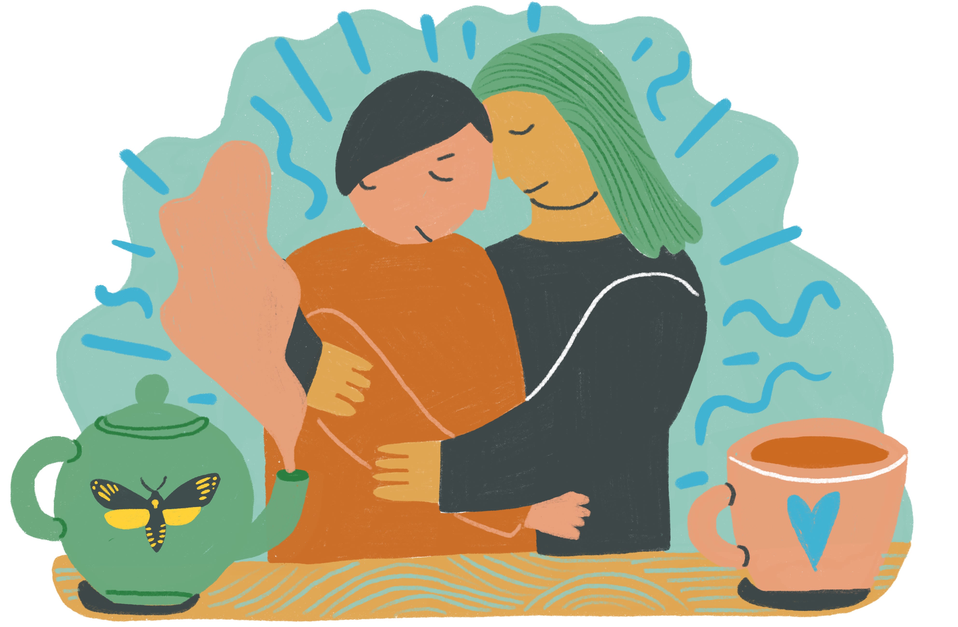 An illustration depicting two people hugging. There is a pot of tea and a mug in the foreground.