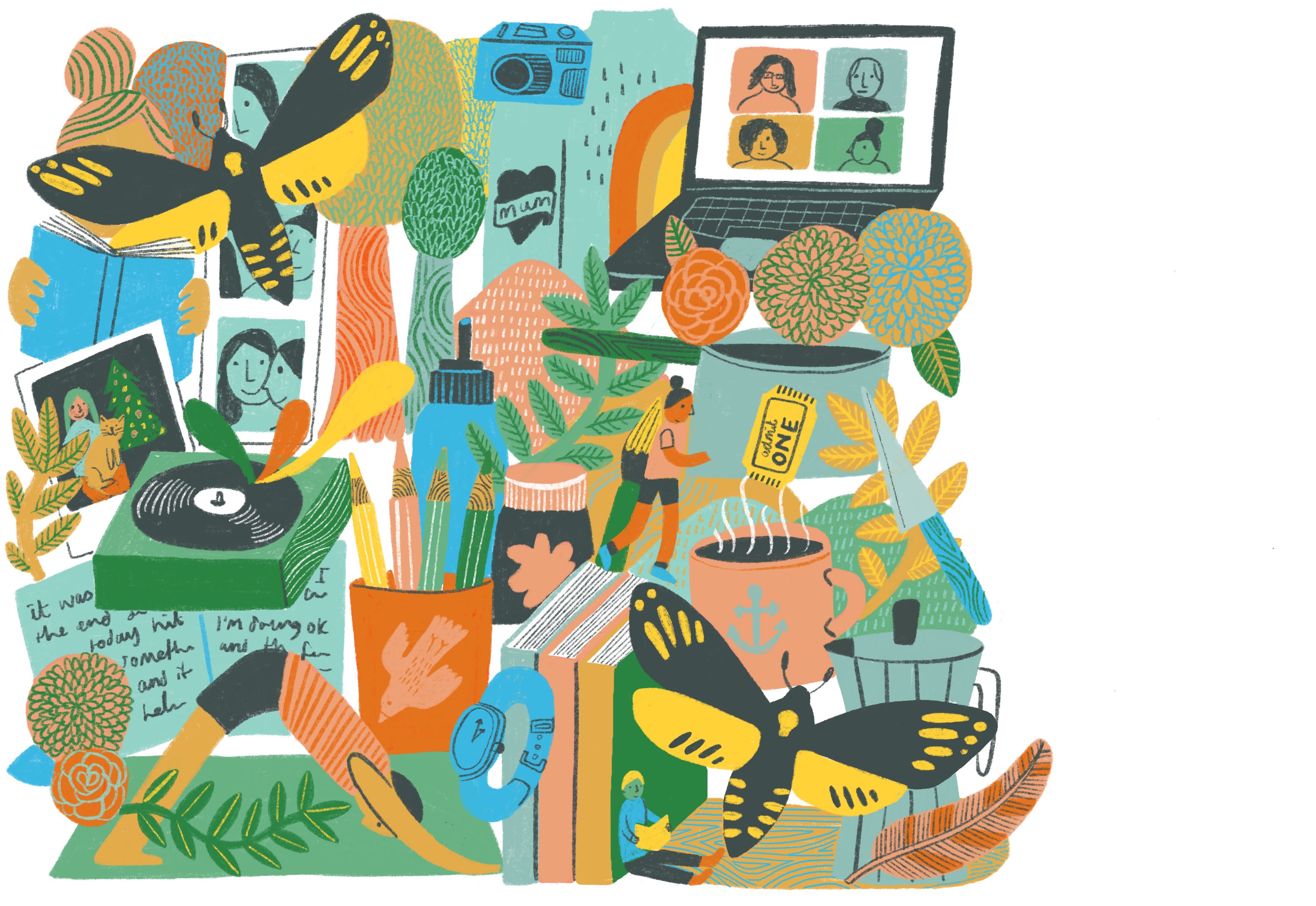A collage of illustrations showcasing themes of grief and healing, including books, yoga, flowers, art, Zoom, and coffee.