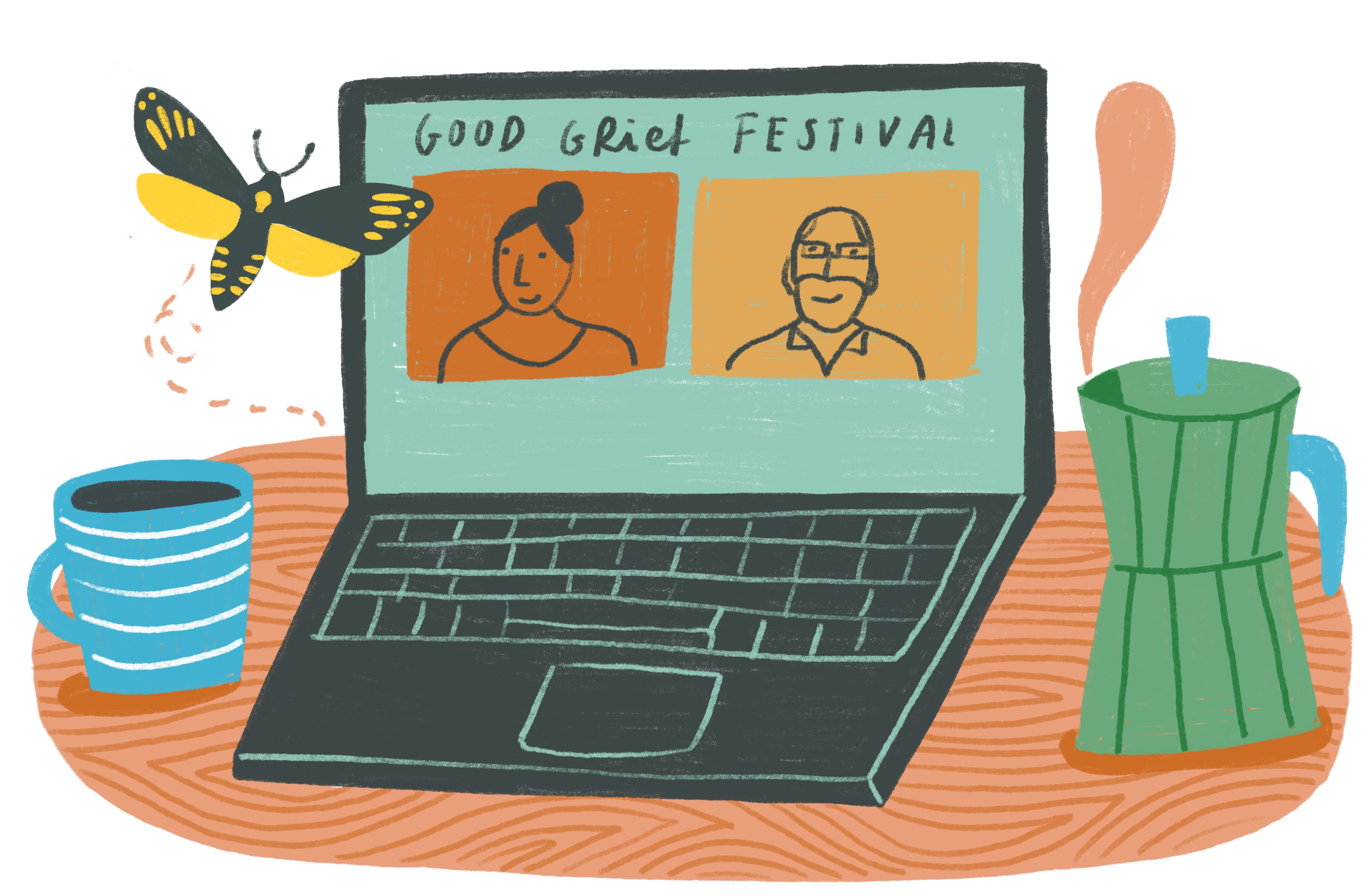An illustration of an open laptop with the Good Grief Festival on the screen. There is a coffee pot and mug next to the laptop.