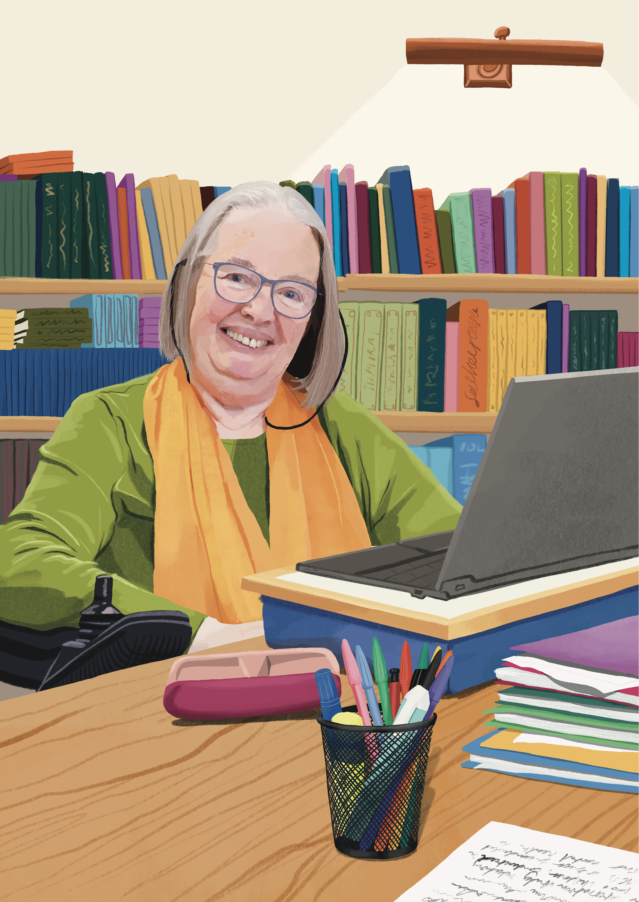 An illustration of a woman sitting at her desk in front of a laptop. In the background is a bookshelf and in the foreground is a pile of notebooks and a pot of pens.