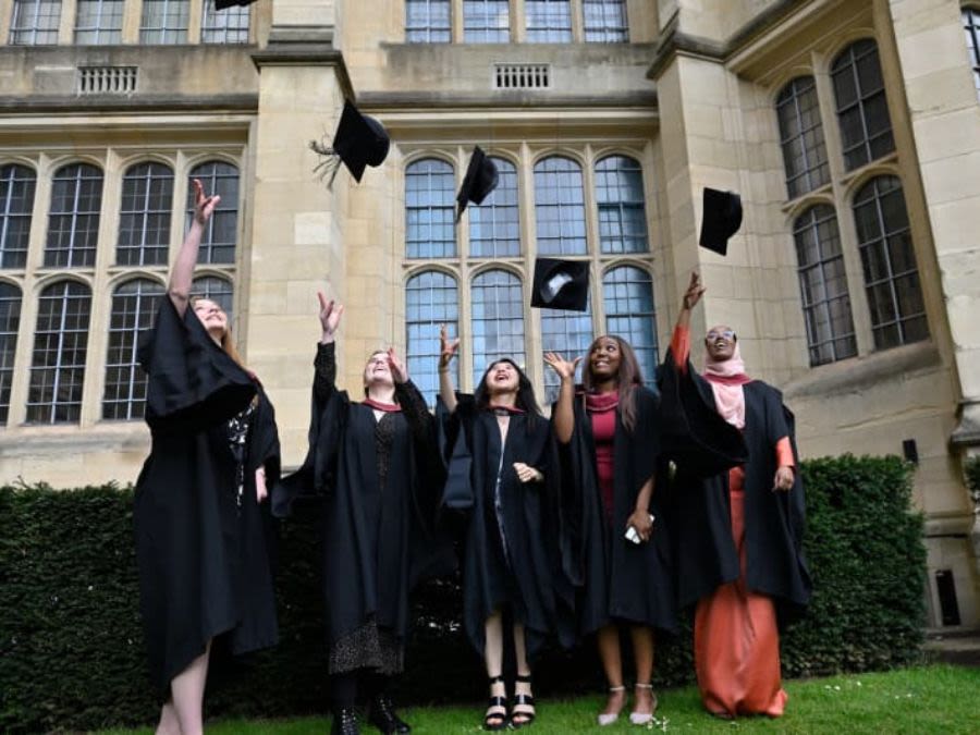 Graduates throwing their mortar boards in celebration
