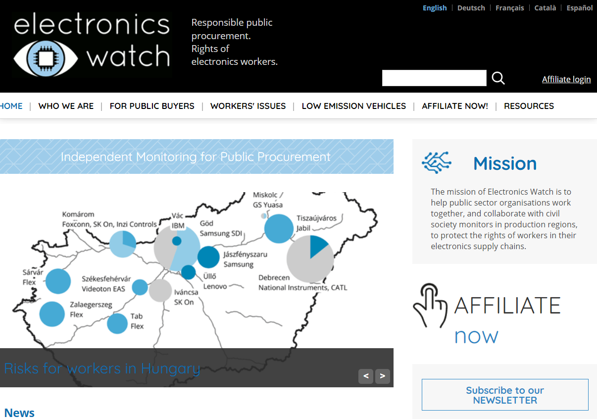 A screenshot of from the Electronics Watch website with a map of countries electronic watch is monitoring