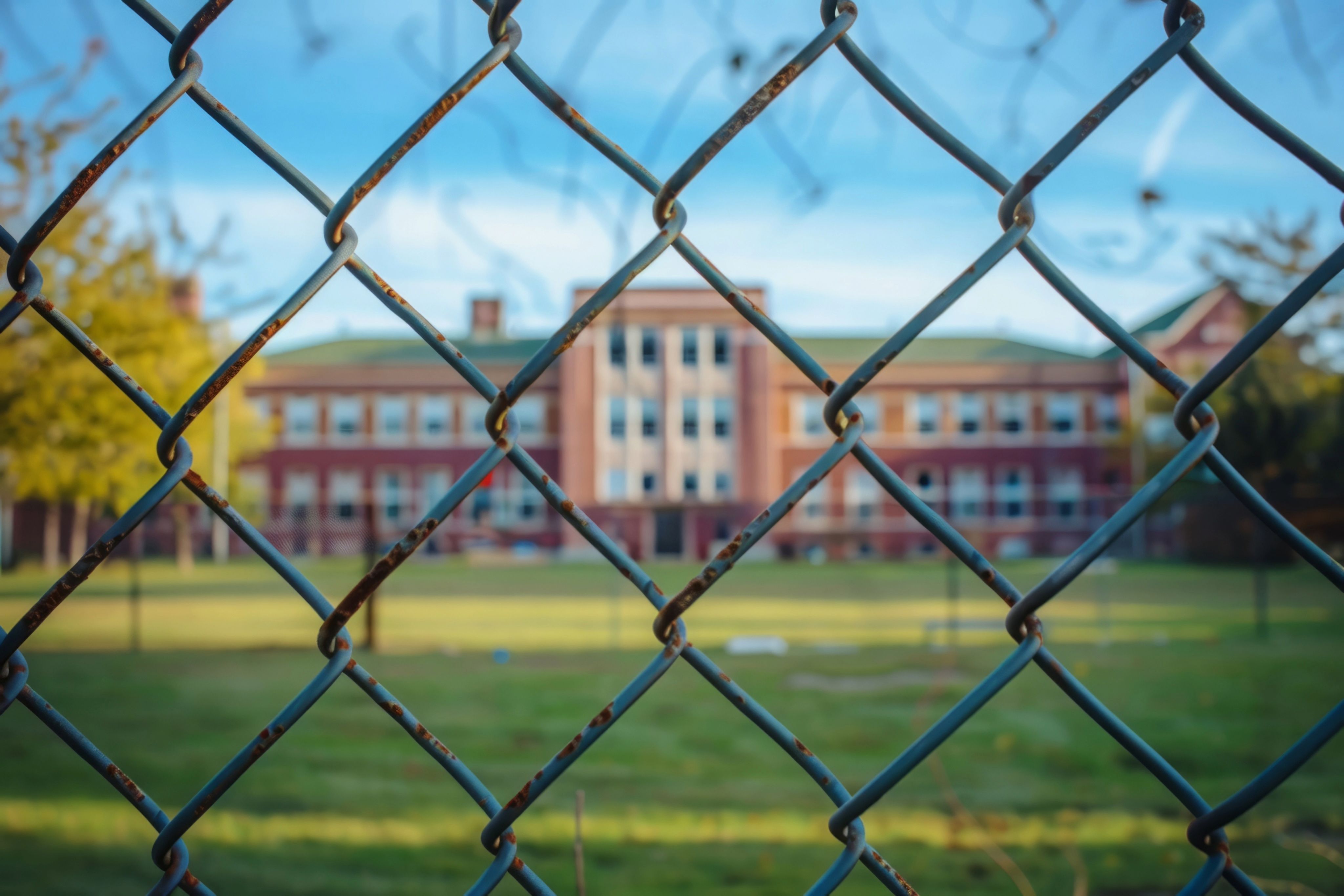 Image of a school beind a fence