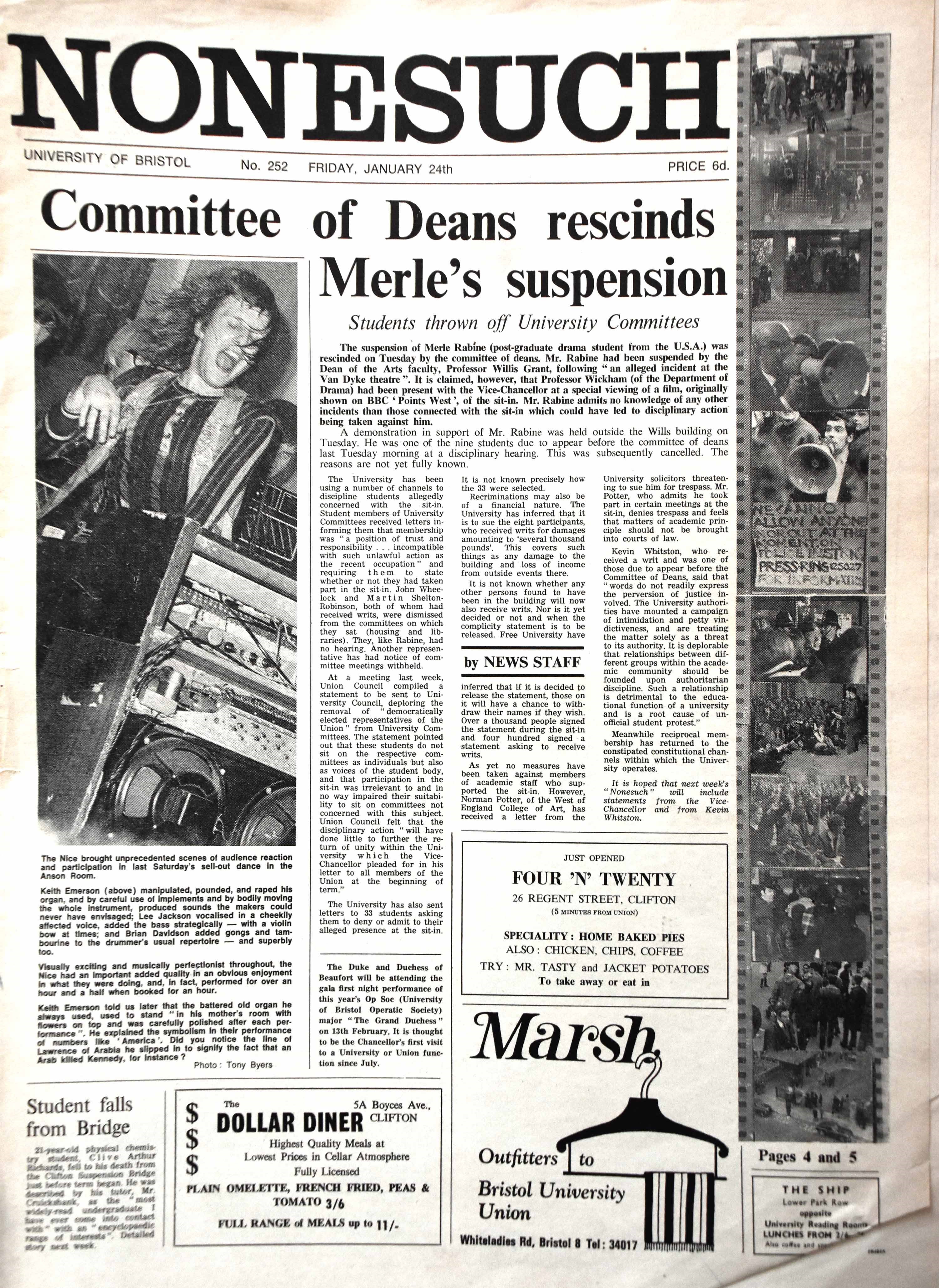 A photograph of the front cover of a January 1969 edition of Nonesuch. The headline reads 'Committee of Deans rescinds Merle's suspension'. 12 images to the right of the page depict a student protest, including images of placards, protestors with megaphones, and large groups of students.
