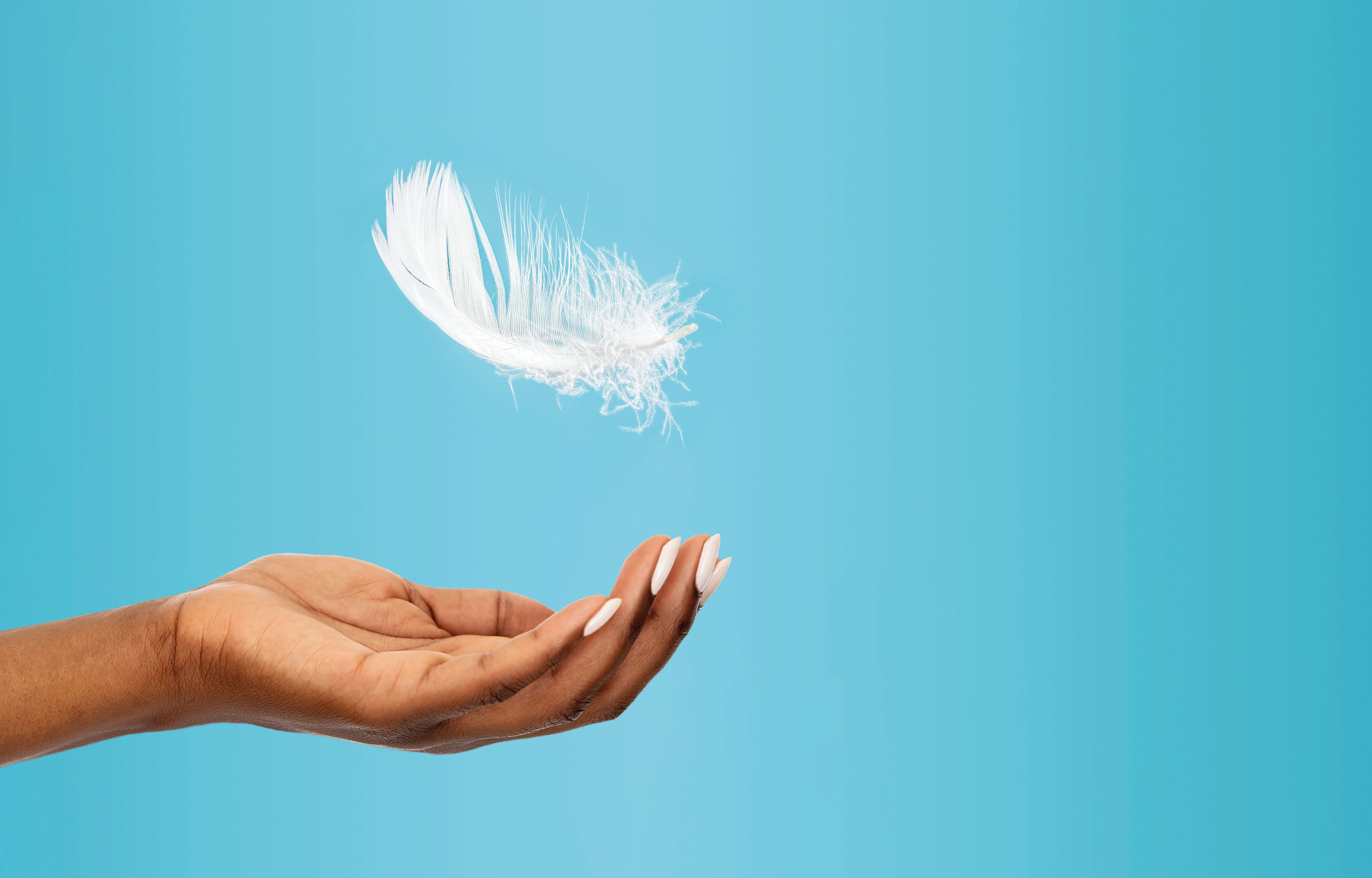 A feather floats onto a person's open hand