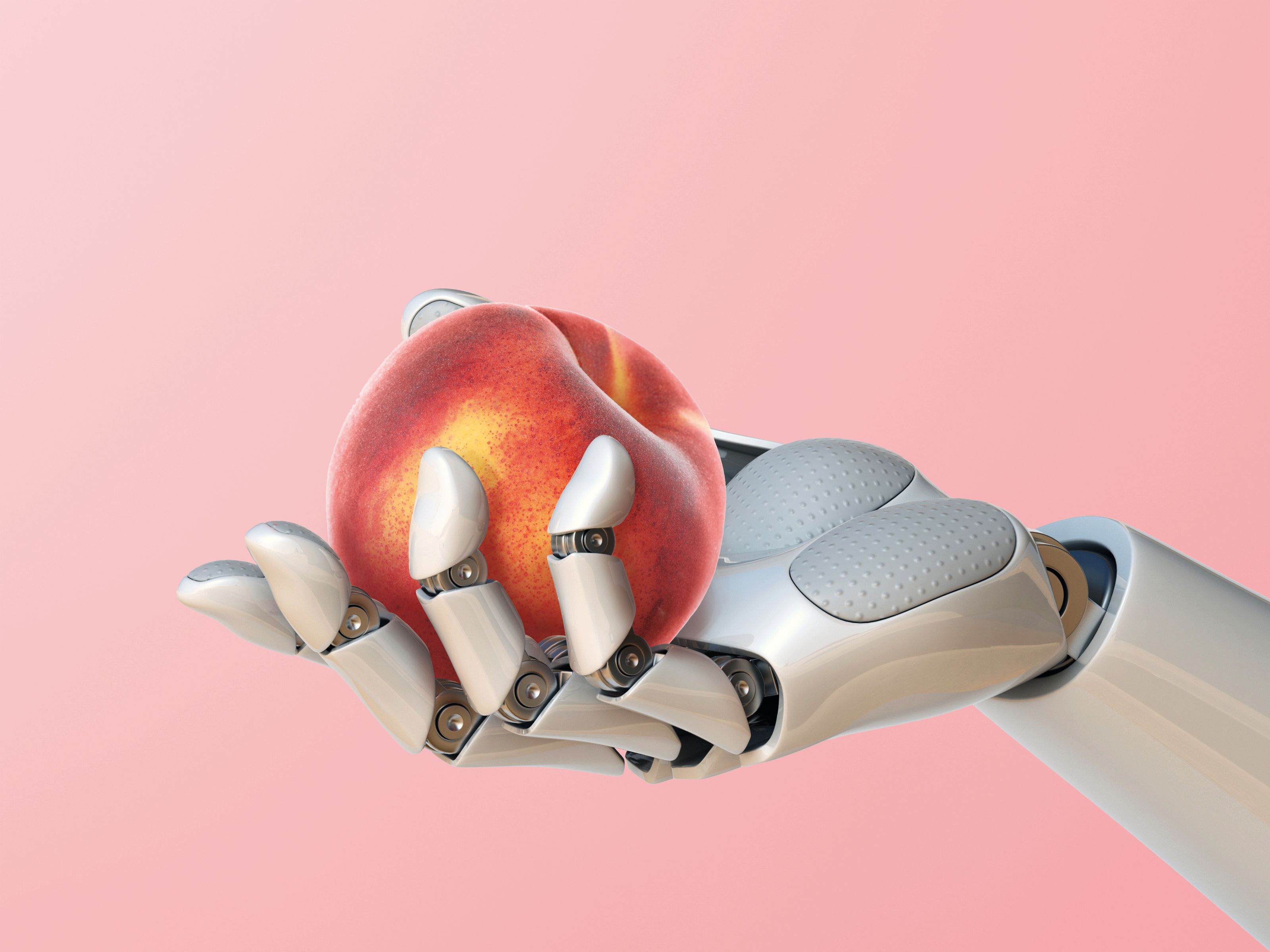 A robot hand is suspended in the air, holding a peach. The background is pale pink.