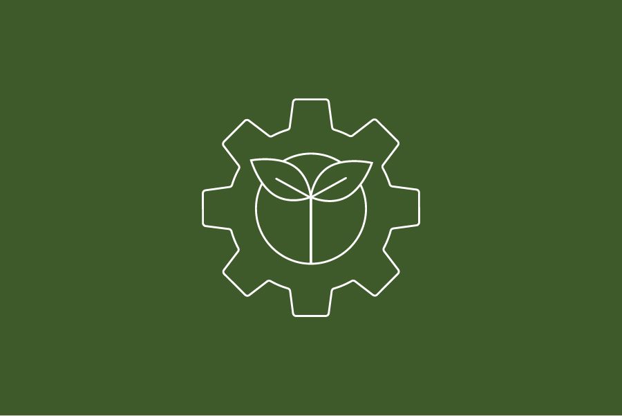 Sustainable Processes icon of a gear with a plant growing in it