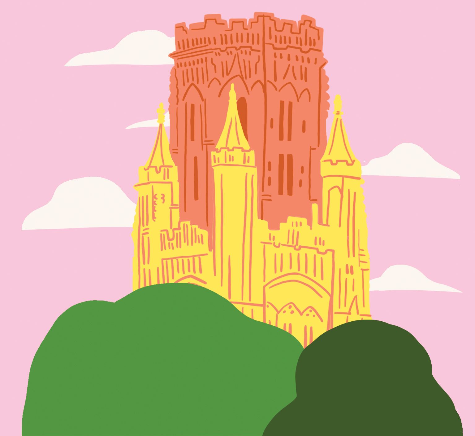 An illustration which shows the University of Bristol's Wills Tower emerging from behind two bushes.