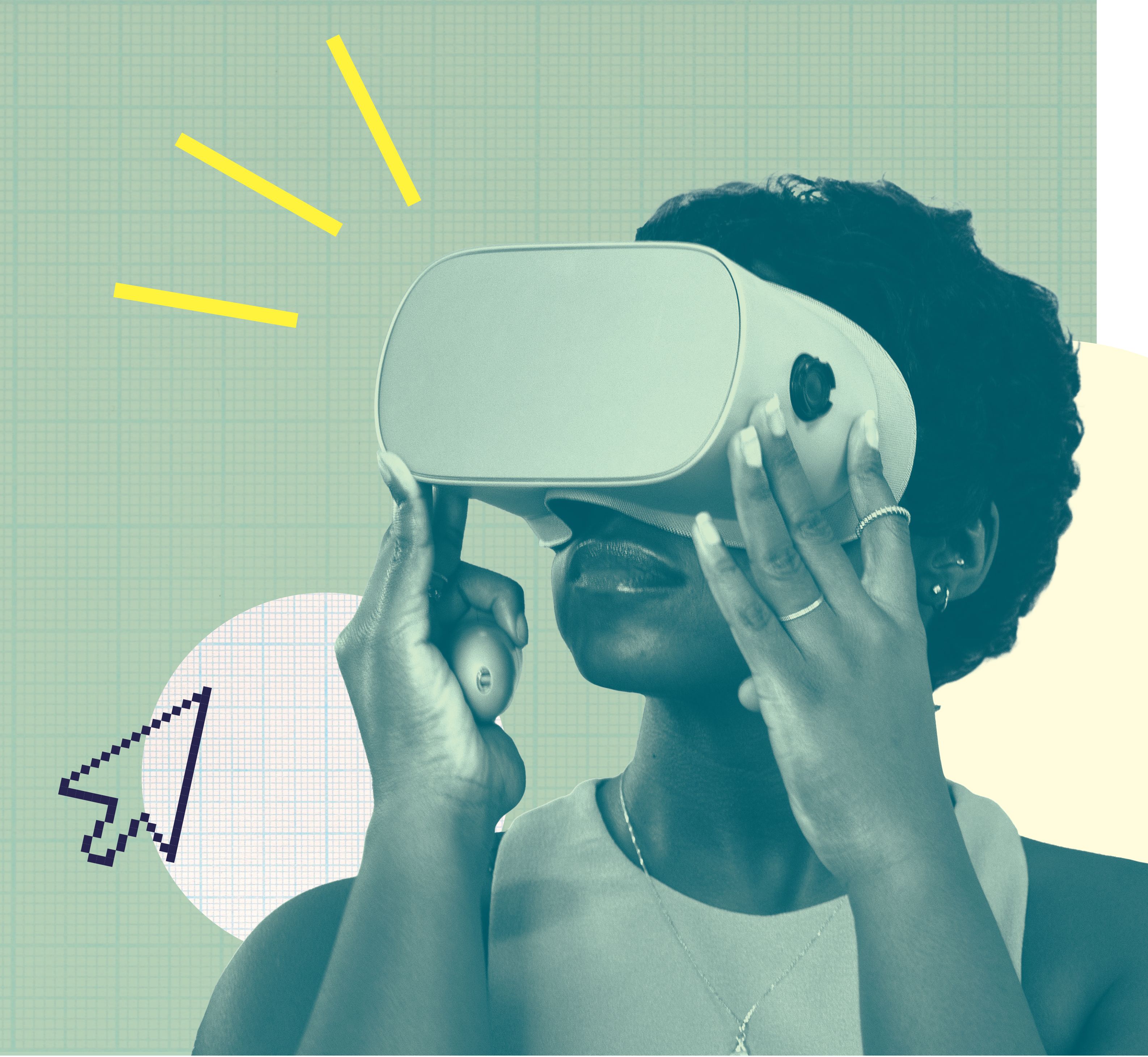 A collage of a woman using a VR headset on a geometric background.