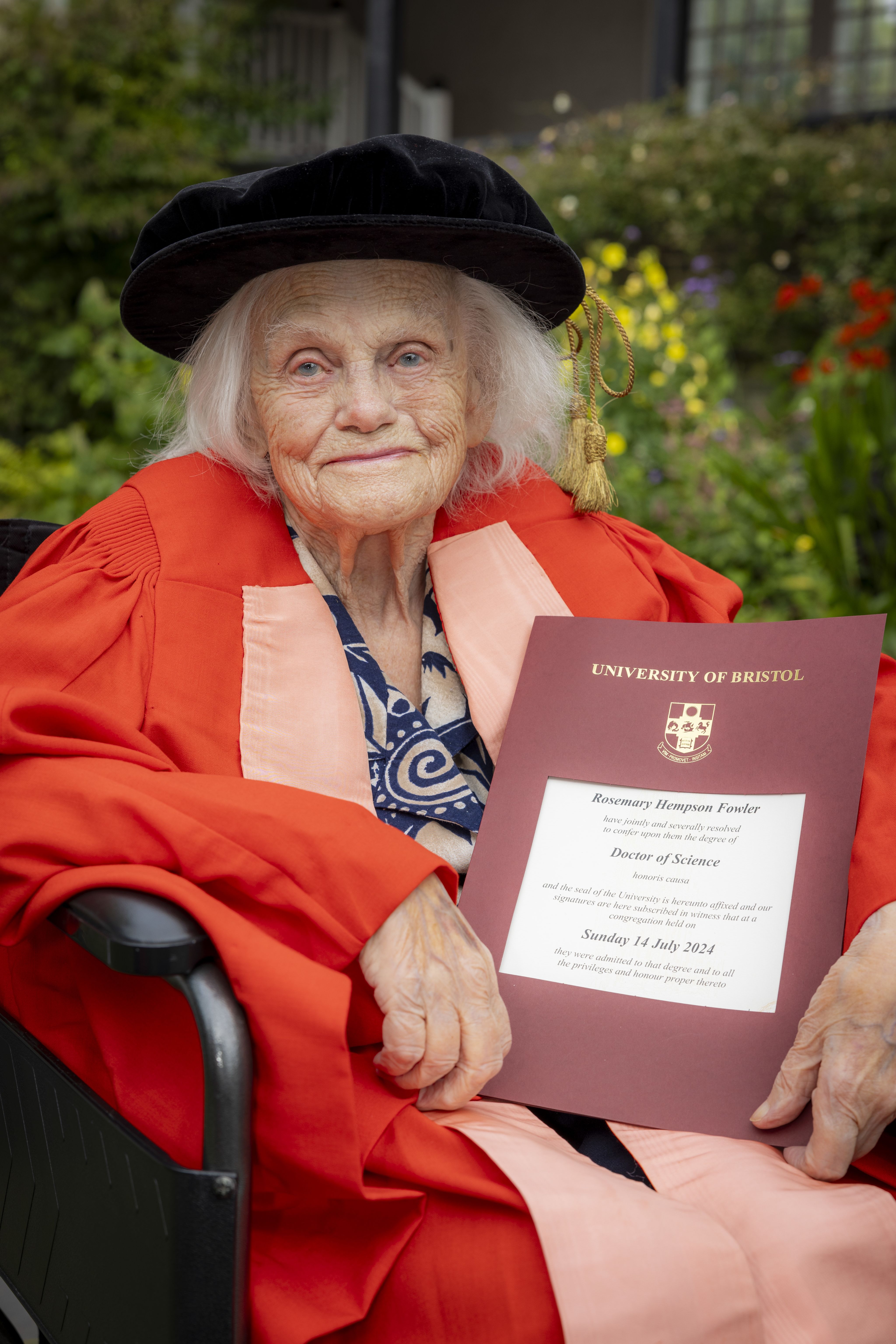 Rosemary Fowler after receiving her honorary degree at a private ceremony near her home in Cambridge.